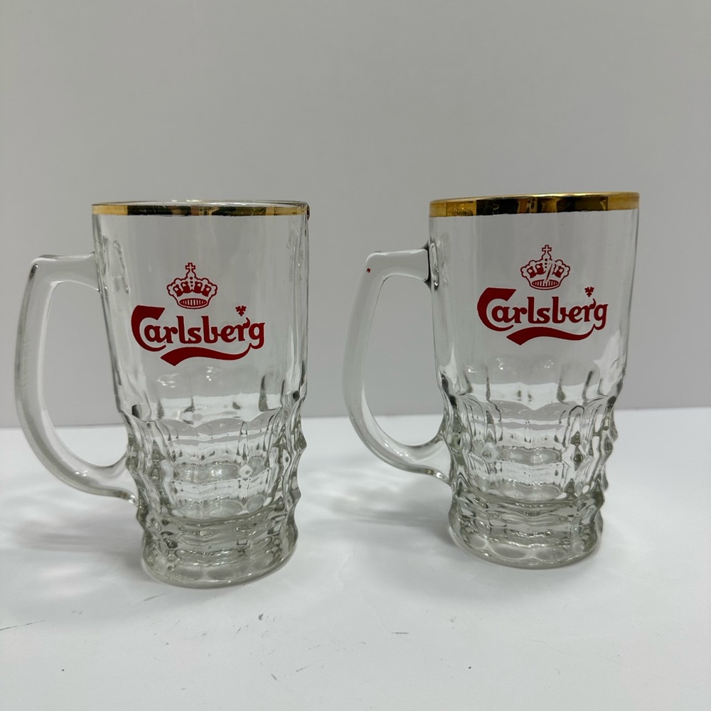 Two Vintage Half Pint Carlsberg Gold Rimmed Glass